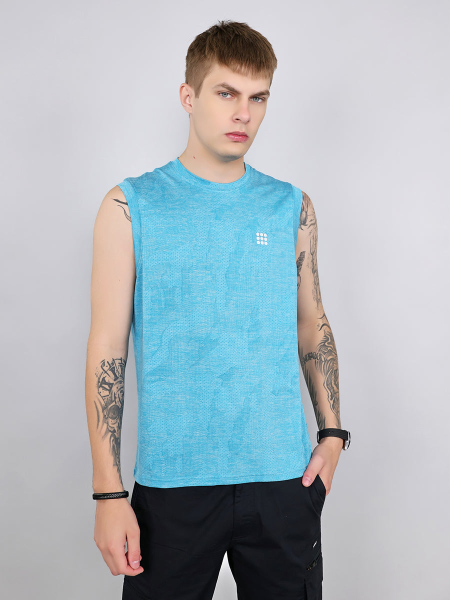 Men Blue Jacquard Round Neck Sleeveless T-Shirt