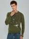 Men Olive Embroidered Round Neck Full Sleeve Sweatshirt