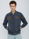 Men Navy Blue Solid Stand Collar Full Sleeve Bomber Jacket