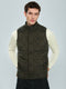 Men Olive Solid Collar Sleeveless Puffer Jacket