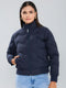 Women Navy Blue Solid Turtle Neck Full Sleeve Puffer Jacket