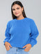 Women Sky Blue Solid Shimmer Round Neck Full Sleeve Sweater