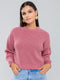 Women Pink Solid Shimmer Round Neck Full Sleeve Sweater