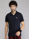 Mens Polyester Blend Navy Blue Self Design Collar T-Shirt
