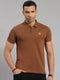 Men Cotton Blend Coffee Brown Solid Collar T-Shirt