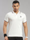 Men Cotton Blend Off White Self Design Collar T-Shirt