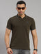 Men Cotton Blend Olive Self Design Collar T-Shirt