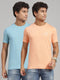 Men Cotton Blend Peach/Teal Solid T-Shirt 2 Pc Set
