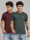 Men Cotton Blend Green/Burgundy Solid T-Shirt 2 Pc Set