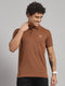 Men Cotton Blend Coffee Brown Solid T-Shirt