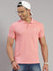 Men Cotton Blend Pink Solid Collar T-Shirt
