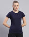 Women Navy Blue Solid Round Neck Half Sleeve Top