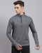 Men Grey Solid Stand Collar Full Sleeve Sweatshirt