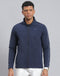 Men Navy Blue Printed Stand Collar Full Sleeve Sweatshirt