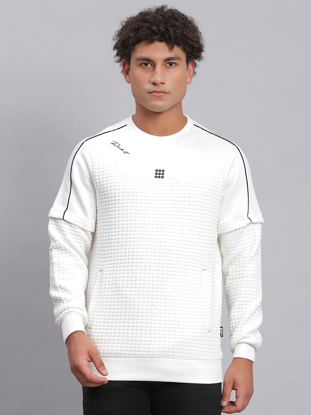 Buy White Self Design Round Neck Full Sleeve Sweatshirt