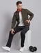 Men Olive Solid Stand Collar Full Sleeve Jacket