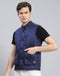 Men Blue Solid Stand Collar Sleeveless Jacket
