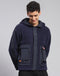 Men Navy Blue Solid Hooded Full Sleeve Jacket